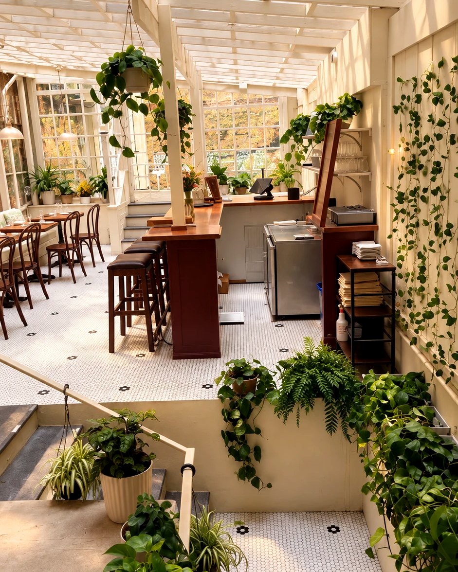 The covered garden of Bar Lento: white beams and glass roof, hanging plants, the long wooden counter and the small tables by the windows